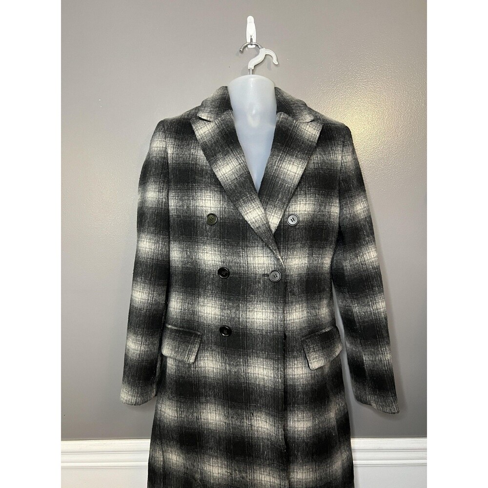 AllSaints Ventry Coat Mens 34 Black Gray Plaid Wool Blend Double Breasted Jacket